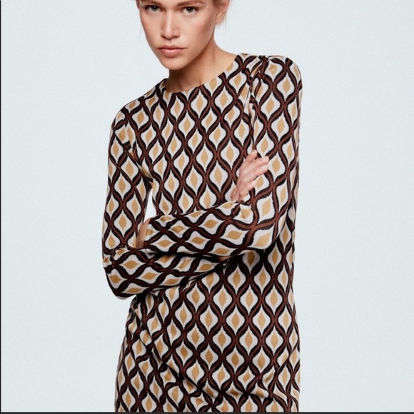 Zara Jacquard Knit Brown Geometric Retro Print Mini Shift Dress Size Small NWT - Picture 3 of 15